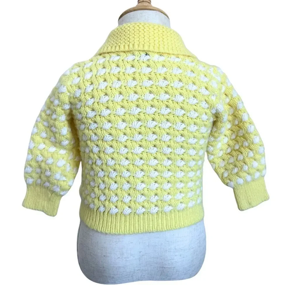 Vintage Orlon Acrylic Baby Yellow Cardigan Sweater White Popcorn Knit